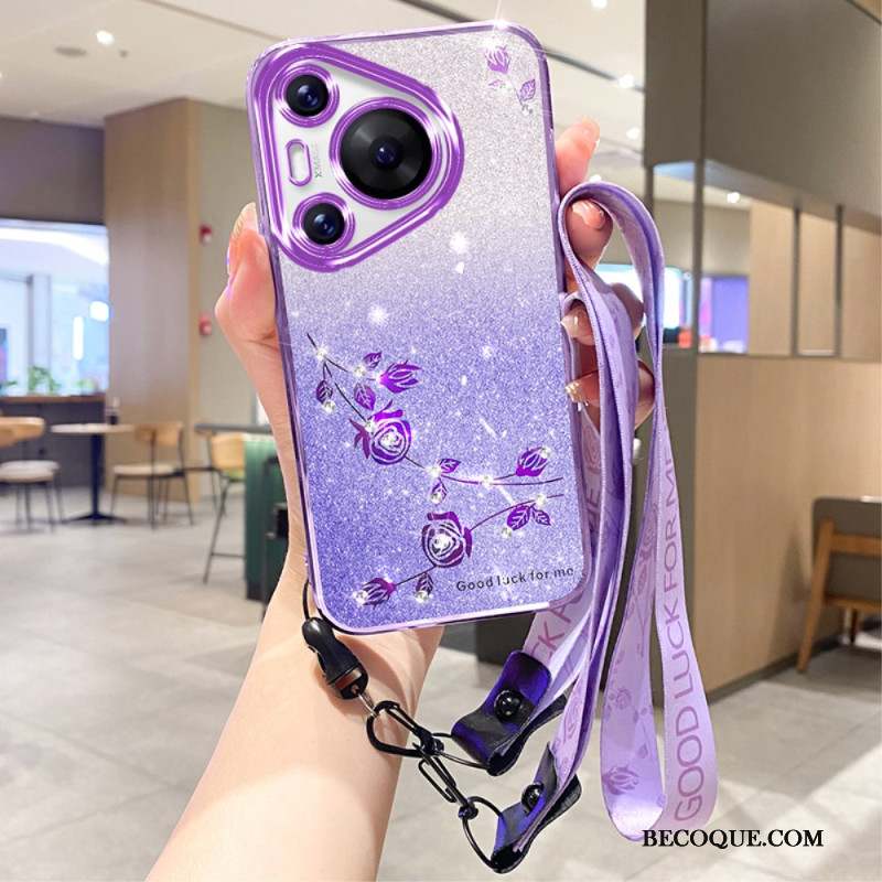 Coque Huawei Pura 70 Pro Fleurs et Strass avec Lanière