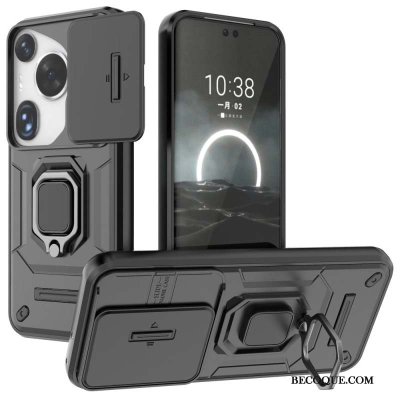 Coque Huawei Pura 70 Ultra Ring Résistante avec Protection Objectif Coulissante