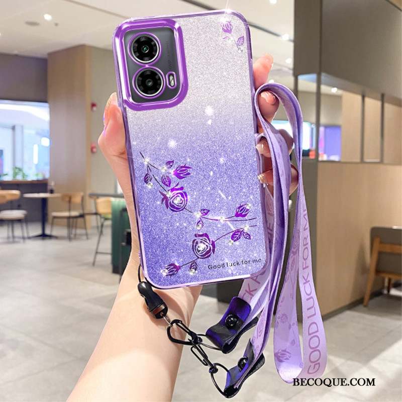 Coque Motorola Edge 50 Fusion Fleurs et Strass à Lanière