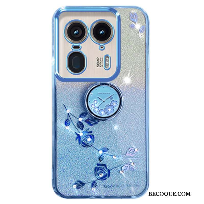 Coque Motorola Edge 50 Ultra Anneau-Support Fleurs et Strass KADEM