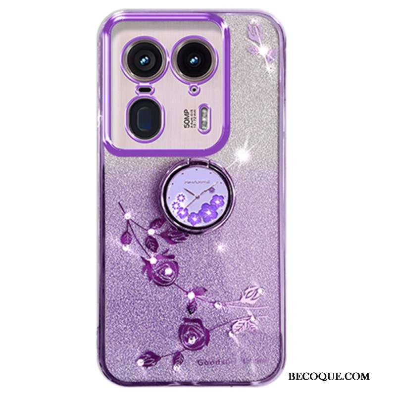 Coque Motorola Edge 50 Ultra Anneau-Support Fleurs et Strass KADEM