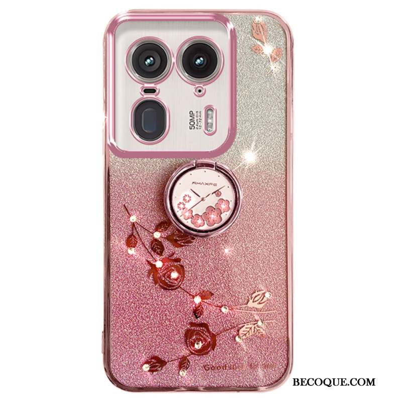 Coque Motorola Edge 50 Ultra Anneau-Support Fleurs et Strass KADEM