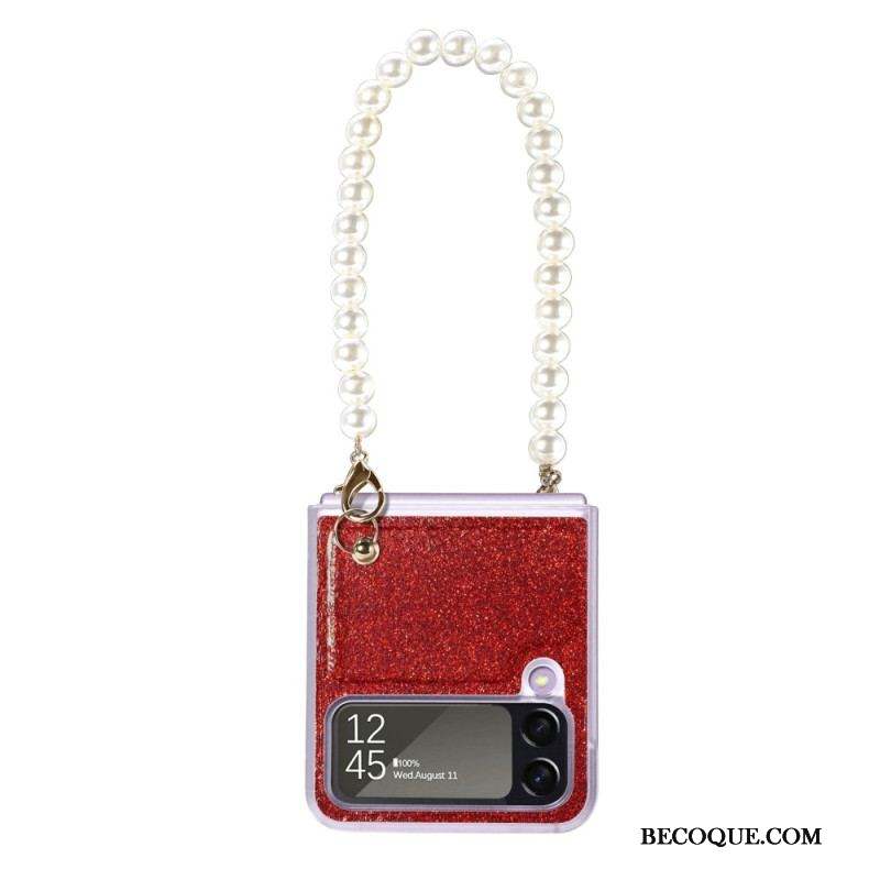 Coque Samsung Galaxy Z Flip 4 Paillettes Lanière en Perles