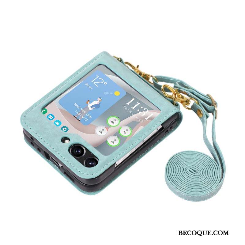 Coque Samsung Galaxy Z Flip 5 Style Cuir Porte-Cartes et Bandoulière