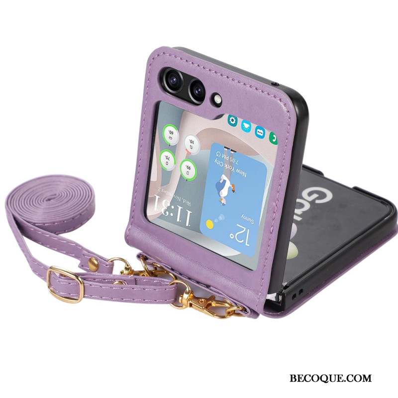 Coque Samsung Galaxy Z Flip 5 Style Cuir Porte-Cartes et Bandoulière