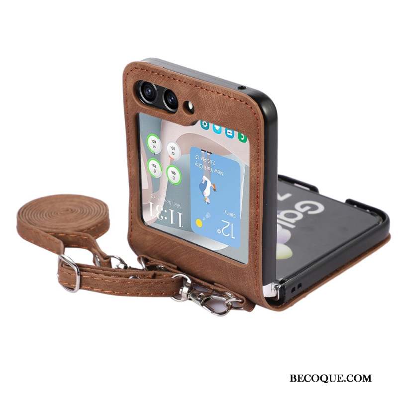 Coque Samsung Galaxy Z Flip 5 Style Cuir Porte-Cartes et Bandoulière