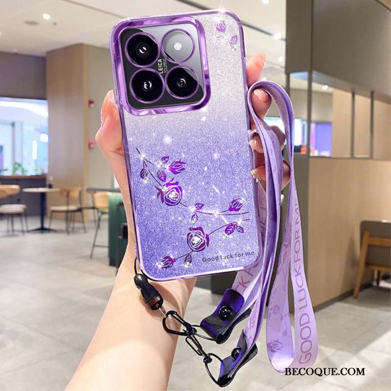 Coque Xiaomi 14T Pro Strass et Fleurs à Lanière