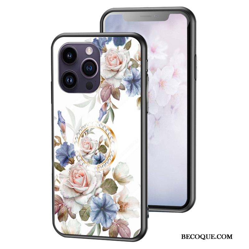 Coque iPhone 15 Pro Max Verre Trempé Floral avec Anneau-Support