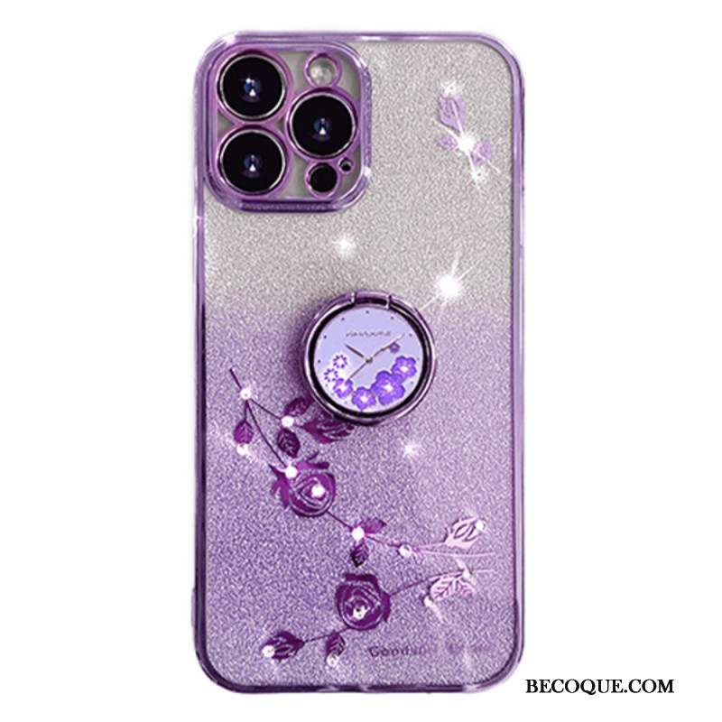 Coque iPhone 16 Pro Anneau-Support Fleurs et Strass KADEM