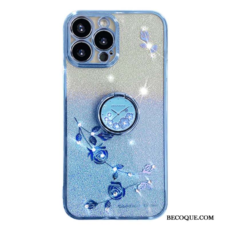 Coque iPhone 16 Pro Anneau-Support Fleurs et Strass KADEM