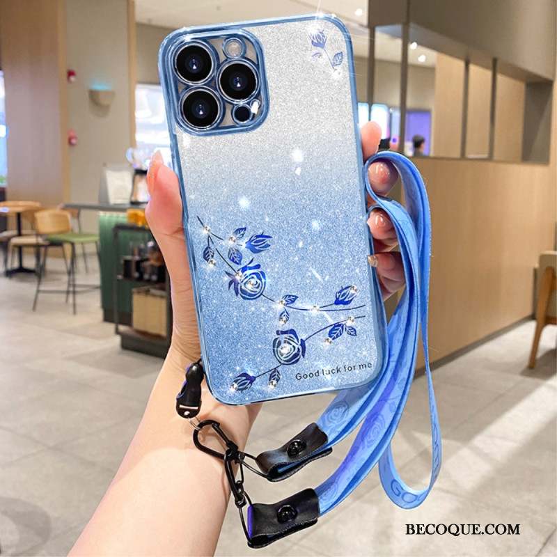 Coque iPhone 16 Pro Fleurs et Strass à Lanières KADEM