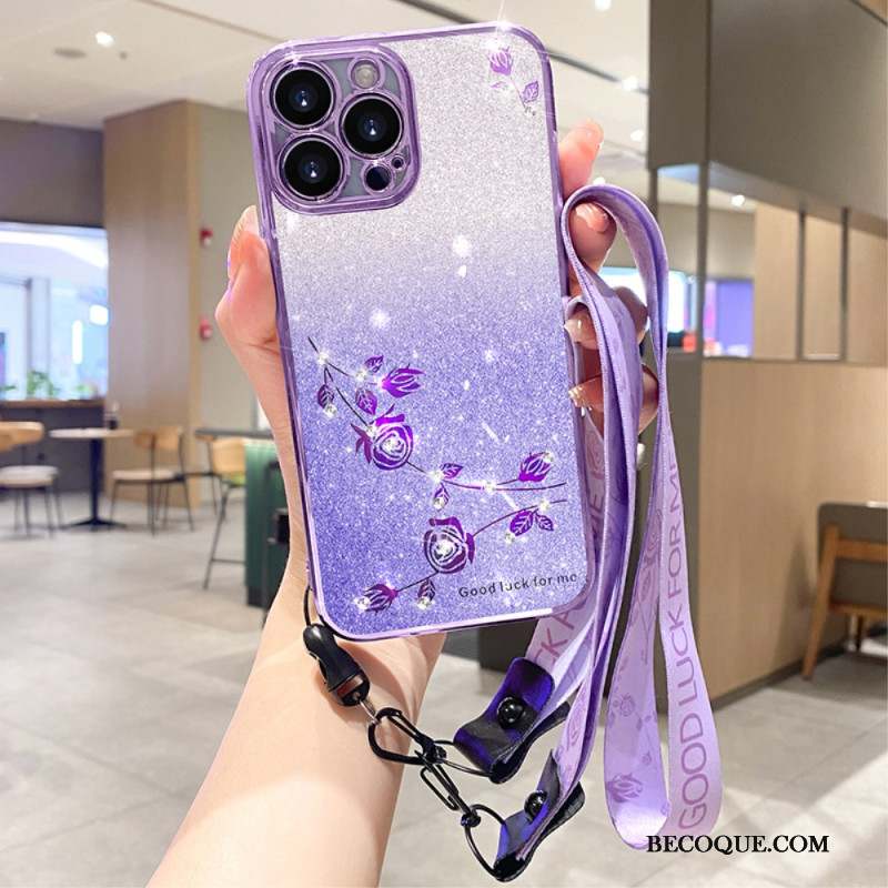 Coque iPhone 16 Pro Fleurs et Strass à Lanières KADEM