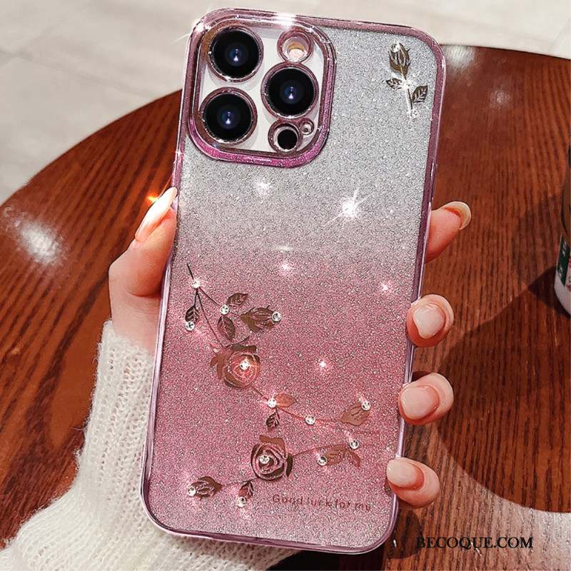 Coque iPhone 16 Pro Max, Coque avec Fleurs et Strass