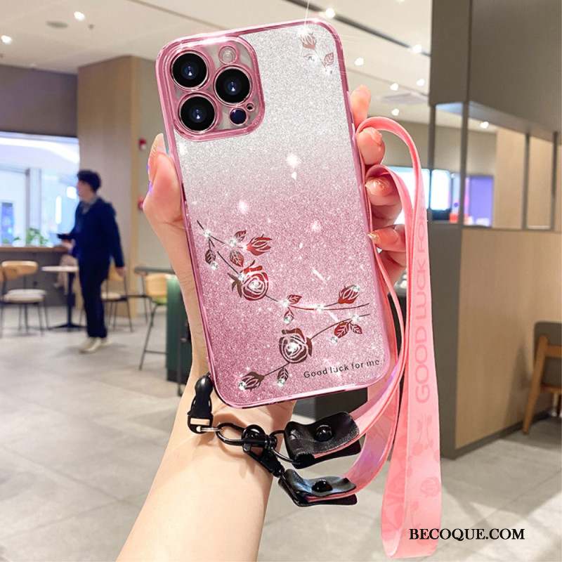 Coque iPhone 16 Pro Max Fleurs et Strass à Lanière KADEM