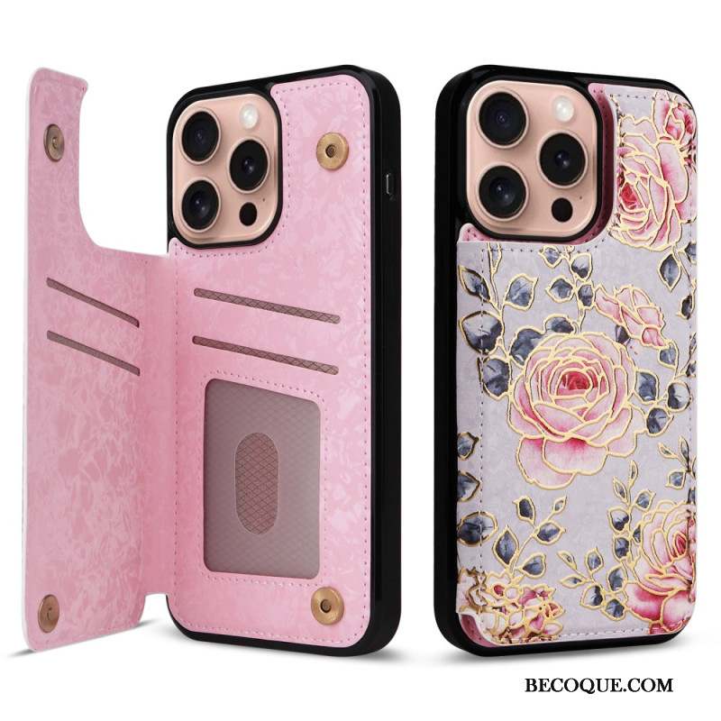 Coque iPhone 16 Pro Porte-Cartes et Protection RFID Florale