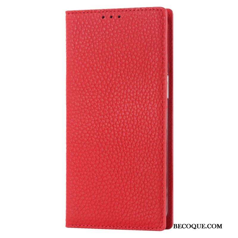 Flip Cover iPhone 14 Cuir Litchi Véritable à Lanière