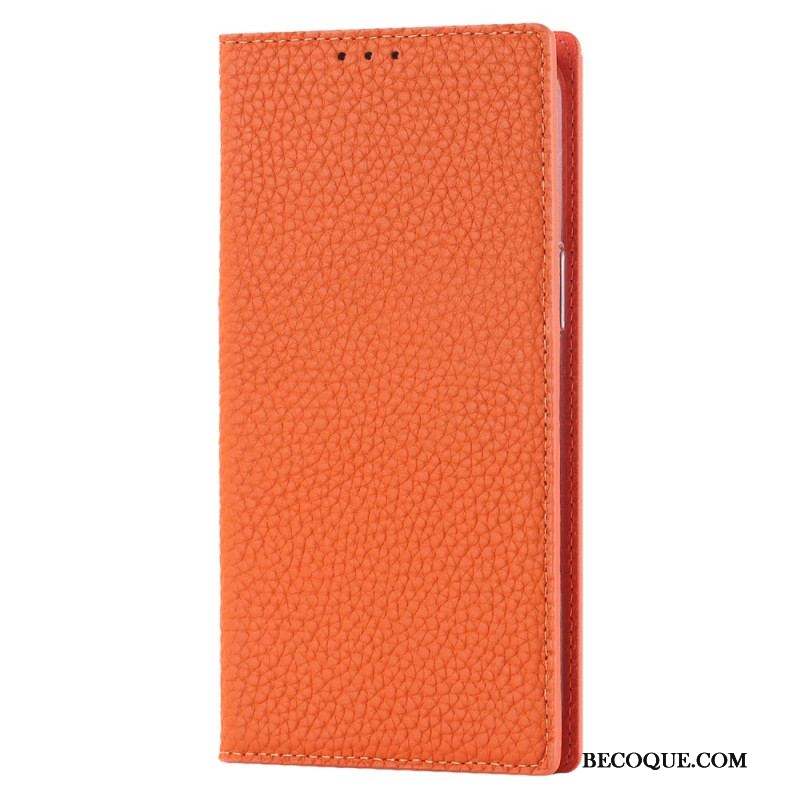 Flip Cover iPhone 14 Cuir Litchi Véritable à Lanière