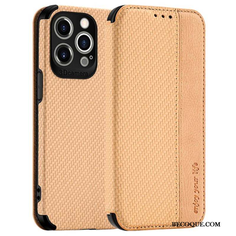 Flip Cover iPhone 14 Pro Max Fibre Carbone Fermoir Ventouse