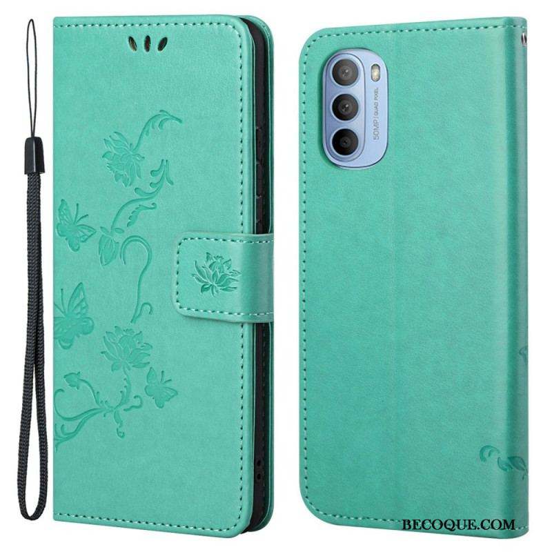 Housse Moto G41 / G31 Papillons et Fleurs à Lanière