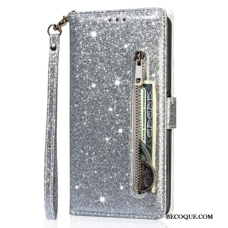 Housse Samsung Galaxy A55 5G Porte-Monnaie Paillettes à Lanière