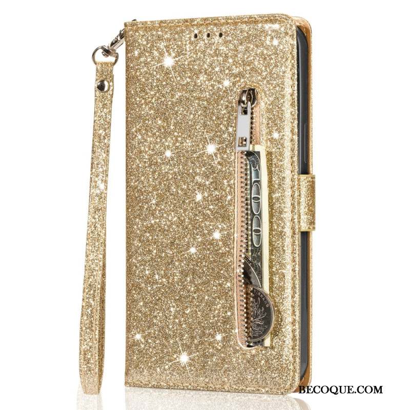 Housse Samsung Galaxy A55 5G Porte-Monnaie Paillettes à Lanière