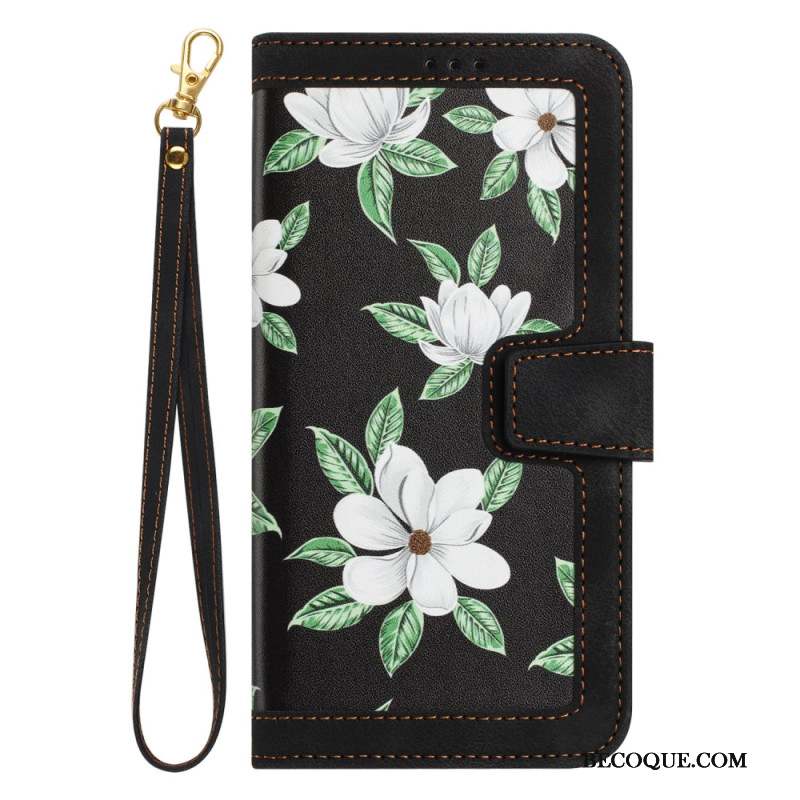 Housse iPhone 16 Portefeuille Motif Floral à Lanière