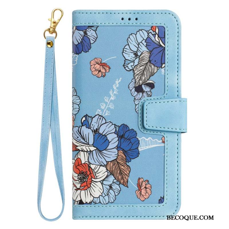 Housse iPhone 16 Portefeuille Motif Floral à Lanière