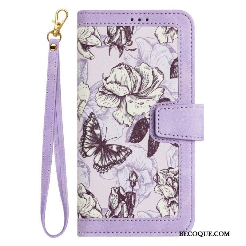 Housse iPhone 16 Portefeuille Motif Floral à Lanière