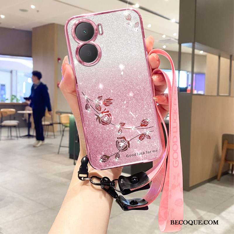 Coque Huawei Nova 12 SE Fleurs et Strass à Lanière