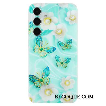 Coque Samsung Galaxy S24 FE Fleurs Blanches et Papillons Verts