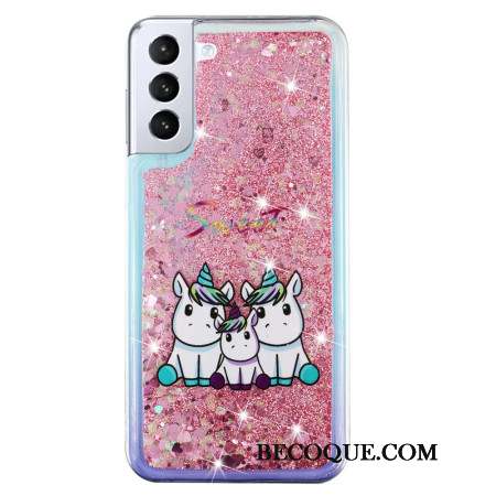 Coque Samsung Galaxy S24 Plus 5G Liquide Paillettes Trois Licornes