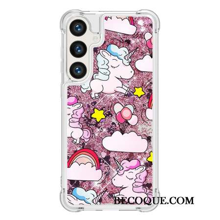 Coque Samsung Galaxy S24 Plus 5G Paillettes Liquides Licornes et Nuages