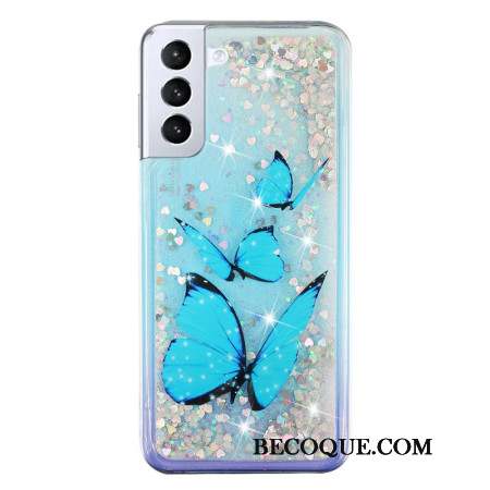 Coque Samsung Galaxy S24 Plus 5G Paillettes Liquides Papillons Bleus