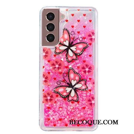 Coque Samsung Galaxy S24 Plus 5G Paillettes Liquides Papillons Rouges