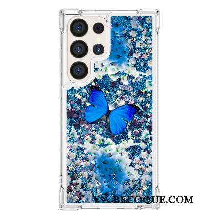 Coque Samsung Galaxy S24 Ultra 5G Paillettes Papillon Bleu