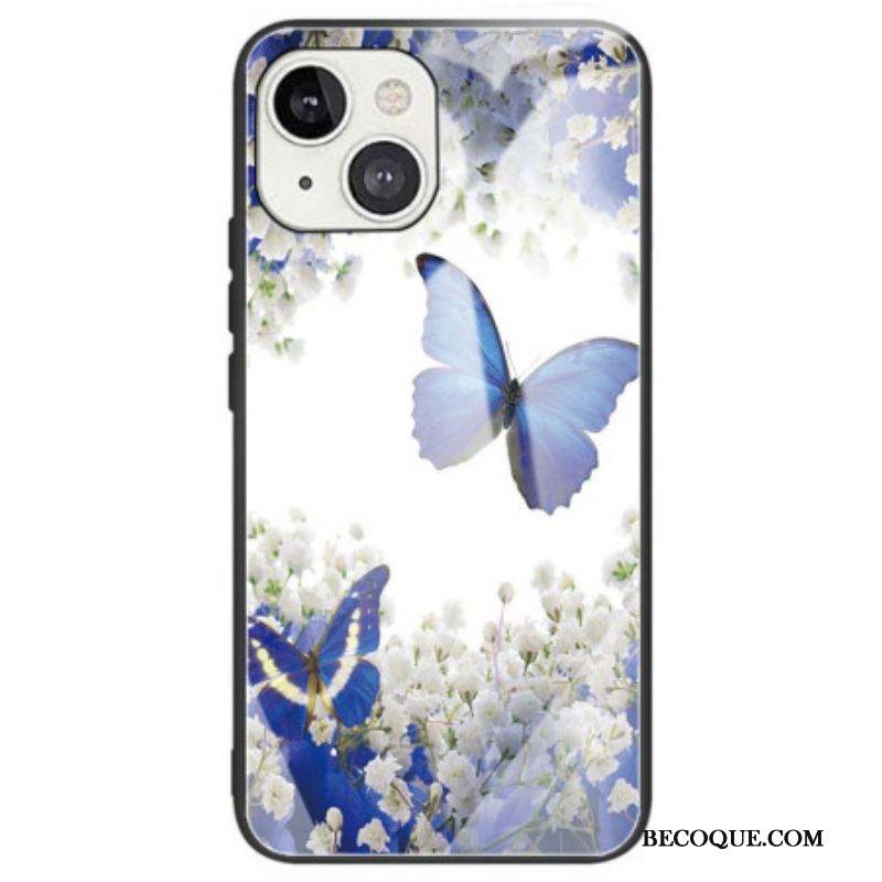 Coque iPhone 14 Verre Trempé Papillons Bleus