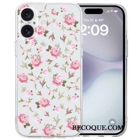 Coque iPhone 16 Bord Transparent Fleurs Roses