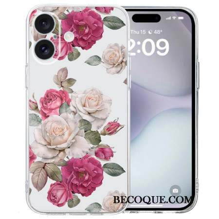 Coque iPhone 16 Bord Transparent Pivoines