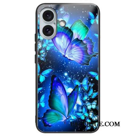 Coque iPhone 16 Plus Verre Trempé Papillons Bleus