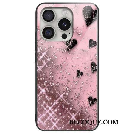 Coque iPhone 16 Pro Max Verre Trempé Coeurs sur Fond Roses