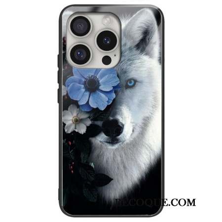 Coque iPhone 16 Pro Verre Trempé loup et Fleur Bleu