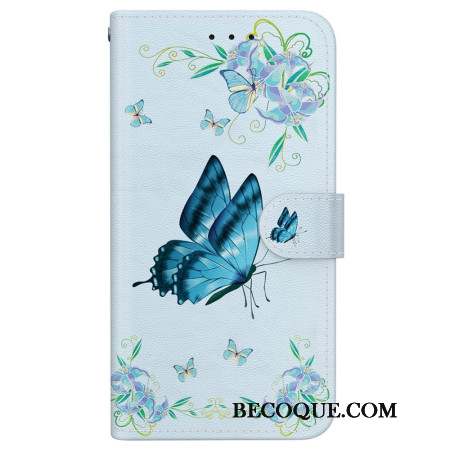 Housse Motorola Edge 50 Fusion Papillon Bleu et Fleurs à Lanière