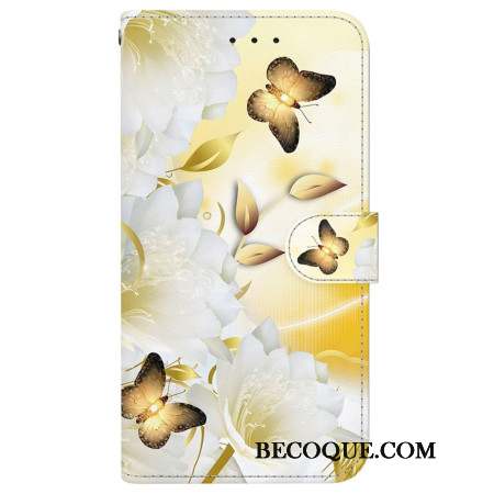 Housse Motorola Edge 50 Fusion Papillons Dorés et Fleurs Blanches à Lanière