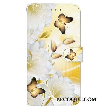 Housse Motorola Edge 50 Neo Papillons Dorés et Fleurs Blanches