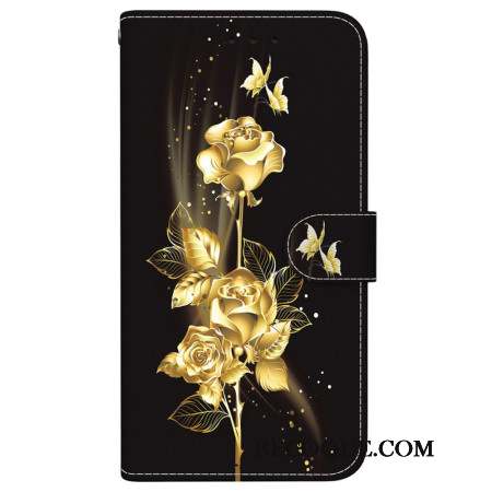 Housse Motorola Edge 50 Pro Papillons Dorés et Roses à Lanière