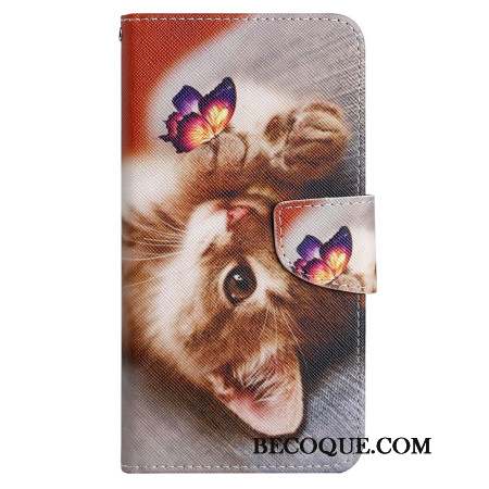 Housse Samsung Galaxy A15 5G Impression Papillon et Chat à Lanière