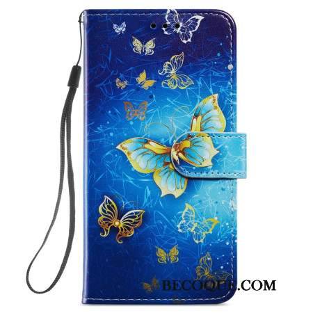 Housse Samsung Galaxy S24 5G Beaux Papillons Dorés à Lanière