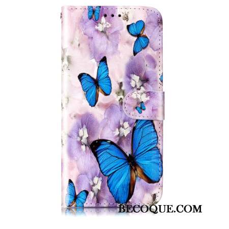 Housse Samsung Galaxy S24 5G Fleurs Violettes et Papillons à Lanière