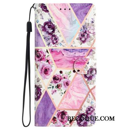 Housse Samsung Galaxy S24 5G Marbre Fleurs Violettes à Lanière