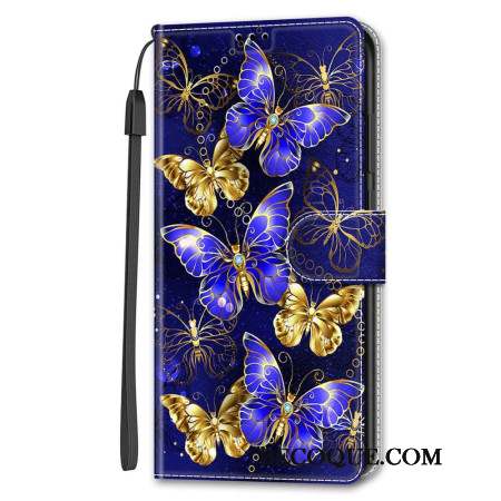 Housse Samsung Galaxy S24 5G Papillons Dorés et Bleus à Lanière